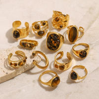 Encanto Anillos de piedra Natural ovalados de acero inoxidable con placa dorada, aro de dedo redondo geométrico para mujer, regalos de joyería Vintage simples y creativos - details 3