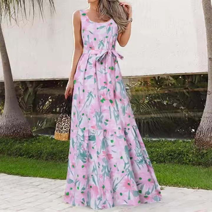 Vestido Largo De Piso Para Mujer Elegante Con Estampado Sin Mangas Cuello Cuadrado Casual Para Playa Y Vacaciones Con Cinturón - 1