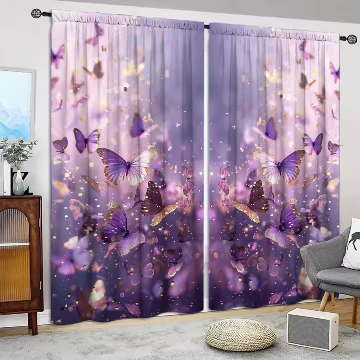 2pcs Cortina De Pintura De Mariposa Morada Para Decoración Del Hogar Tratamiento De Ventana Para Dormitorio Oficina Cocina Sala De Estar Con Bolso De Percha - 1