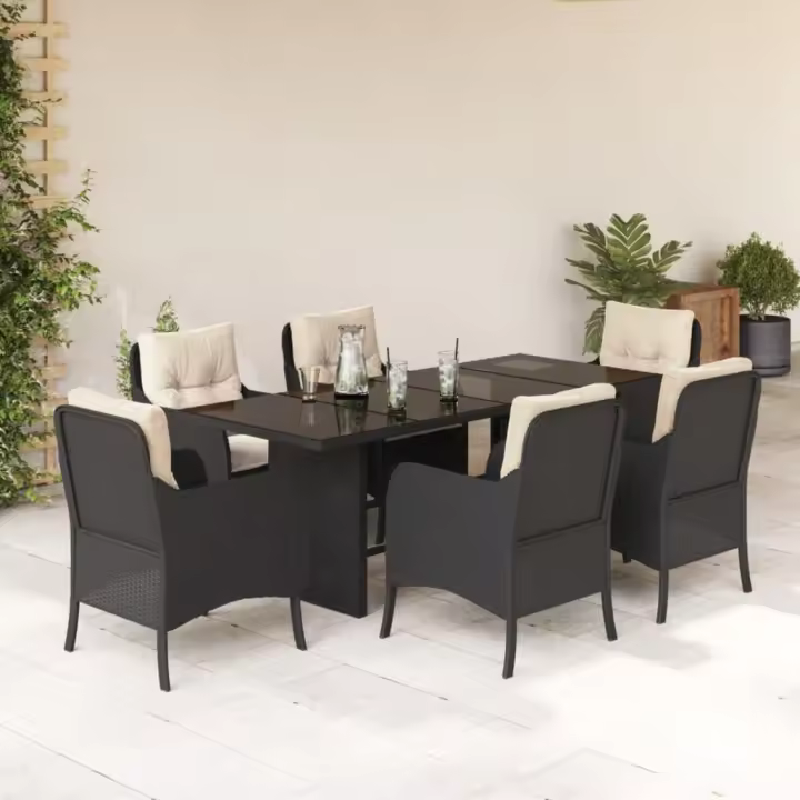 vidaXL Set de comedor de jardín 7 pzas y cojines ratán sintético negro - 1