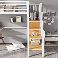 Cama de Hierro, Litera, Cama Elevada, Adecuada para niños y adolescentes, Con Mesa y Armaro, Escalera lateral with barandilla, Hierro aglomerado, 90x200cm - details 2