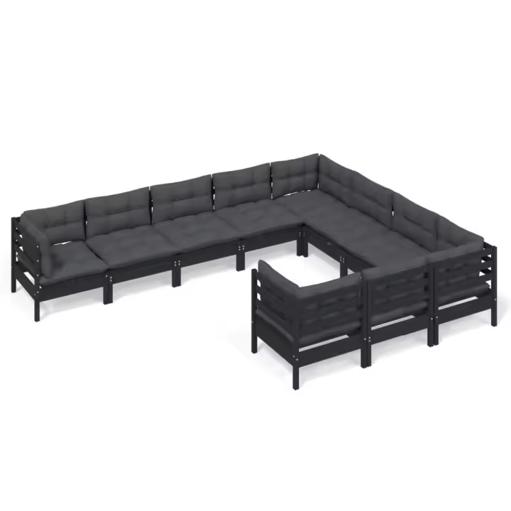 vidaXL Muebles de jardín 10 pzas con cojines negro madera de pino - 1