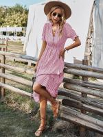 Vestido Largo Medio Casual De Rayas Para Mujer Con Borlas Cuello V Manga Corta Estilo A-Line Primavera Verano Polyester - details 1