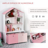 HOMCOM Estantería de Madera Infantil Librería para Niños con 4 Compartimentos 1 Puerta y 2 Cajones Extraíbles con Ruedas para Libros Juguetes 80x34x130 cm Rosa y Blanco - details 3