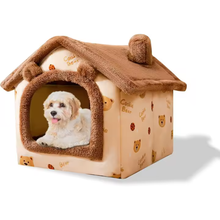 Cama cueva para gatos, lavable, cálida y acogedora, tipo iglú de peluche, plegable y cómoda, con base antideslizante (S, oso marrón) - 1