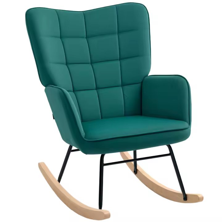 HOMCOM Mecedora, tapizada en terciopelo, silla de lactancia, mecedora, estructura de acero, patas de madera maciza, verde oscuro - 1
