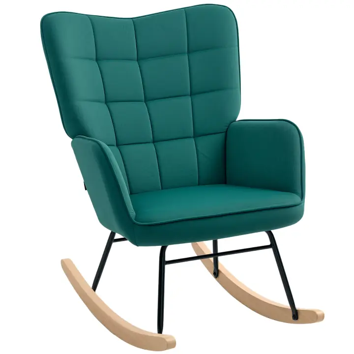 HOMCOM Mecedora, tapizada en terciopelo, silla de lactancia, mecedora, estructura de acero, patas de madera maciza, verde oscuro - 1