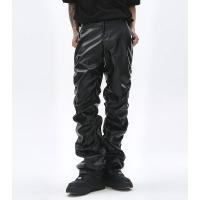 Pantalones De Cuero PU Para Hombre Estilo Hip Hop Harajuku Retro Callejero Casual Ruched Pleated Color Sólido Negro Talla Grande - details 1