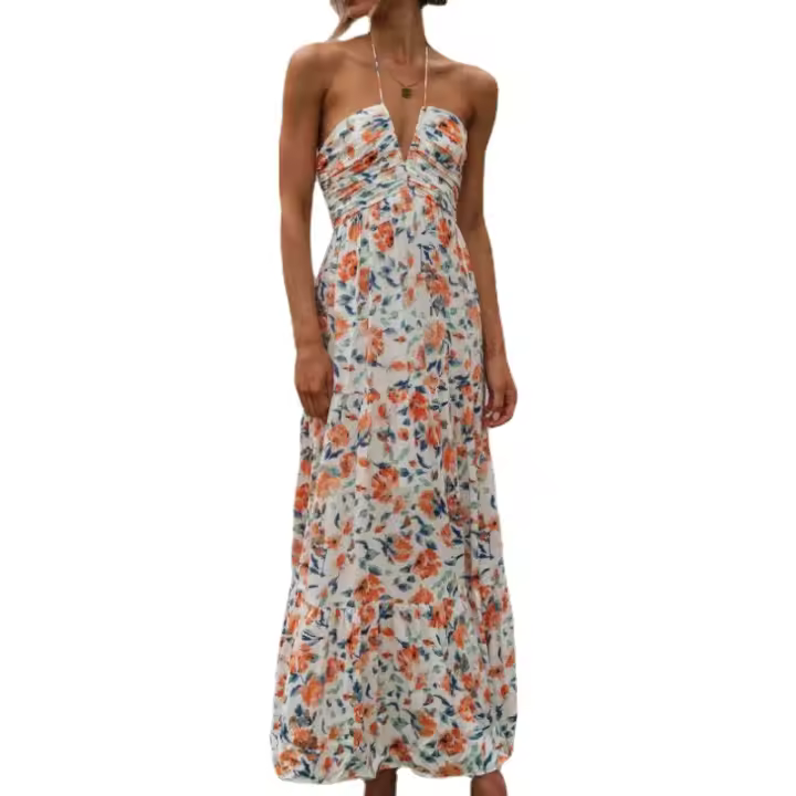 Vestido Maxi Bohemio De Verano Para Mujer En Chiffon Floral Sin Mangas Cuello En V A-Line Largo Con Espalda Descubierta Y Volante - 1