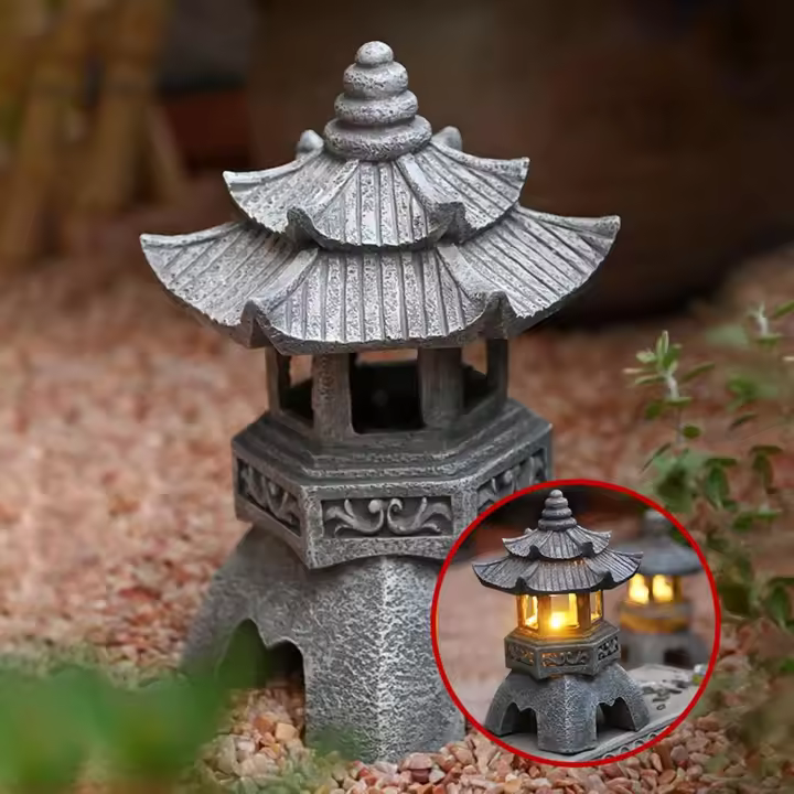 Estatuas de linternas de pagoda con energía solar, adornos de jardín con luz de pagoda de estilo japonés, pagoda vintage luminosa autoalimentada decorativa para césped, (color: A) - 1