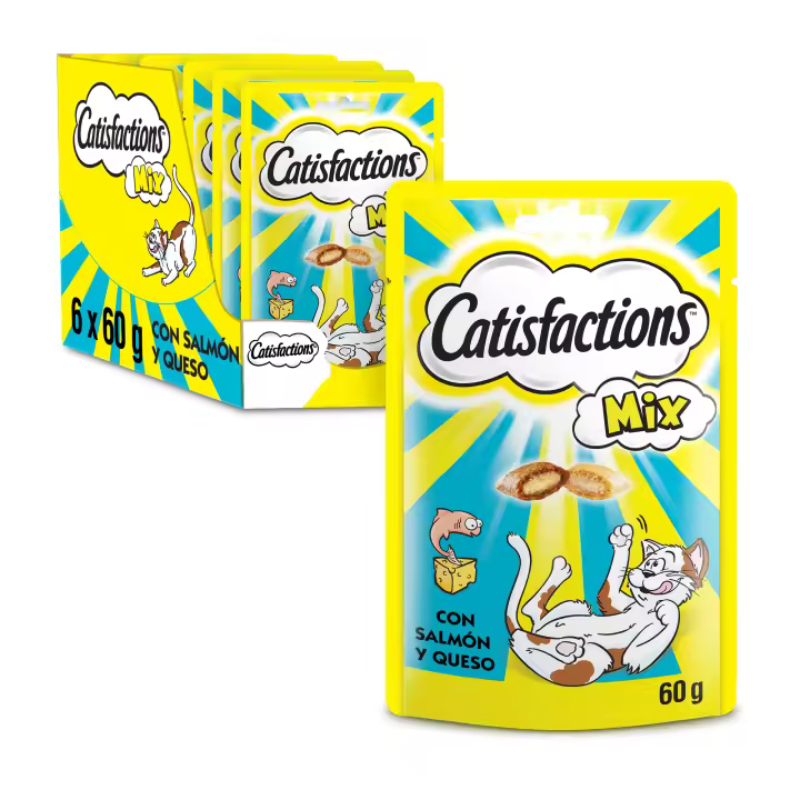 Catisfactions Premios para Gatos, Sabor Mixto de Queso y Salmón (Pack de 6 x 60g) - 1