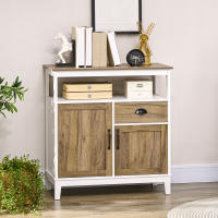 HOMCOM Aparador de Salón Armario Almacenaje de Madera con 2 Puertas Cajón y Estante Ajustable para Comedor Cocina Dormitorio 76,6x35x81,5 cm Blanco y Marrón - details 1