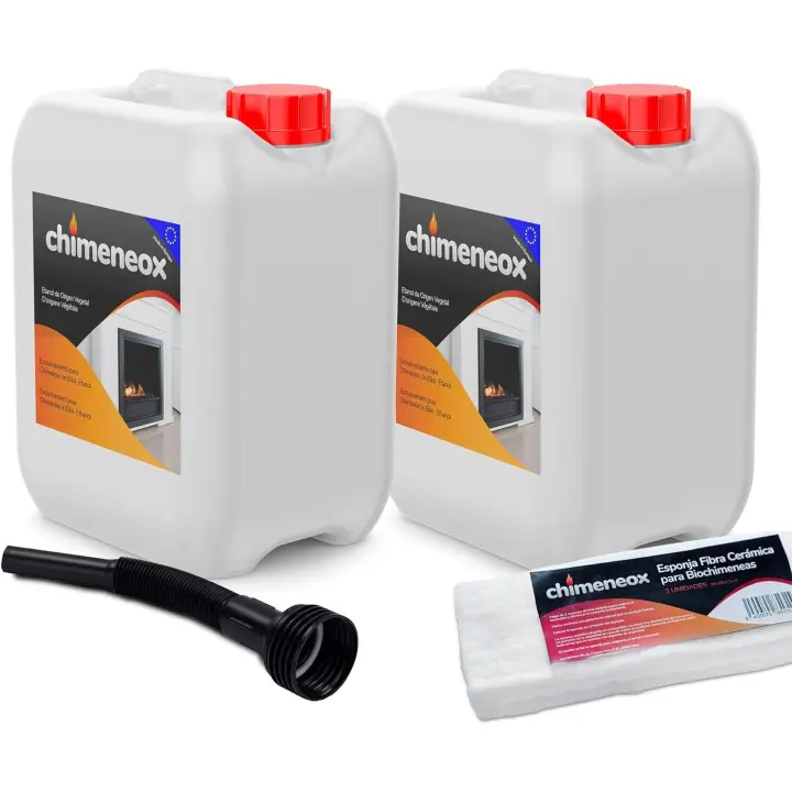 Pack 2 x Garrafas de 5L Bioetanol 96% para chimeneas de Chimeneox (con Embudo) + 2 x Esponja Fibra Cerámica - 1