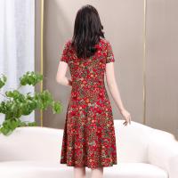 Vestido Midi Vintage De Verano Para Mujer Con Cuello En V Y Estampado Casual A-Line Manga Corta Cintura Ajustada - details 5
