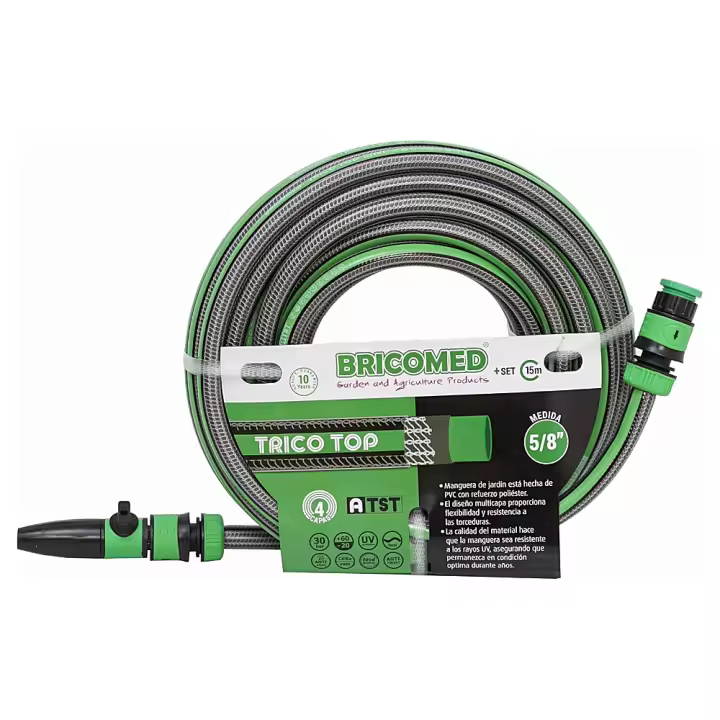 Manguera de jardín TRICO-TOP A-TS con tricotado anti-torsión ( de medidas de 5/8"-15 metros con set de conectores y lanza) de PVC con refuerzo poliéster - Bricomed - 1