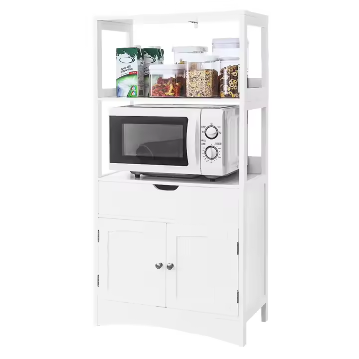 Mueble de baño con cajón y estantería alta, mueble auxiliar versátil con 2 estantes abiertos y armario de doble puerta en color blanco para entrada, cocina y sala de estar - 1