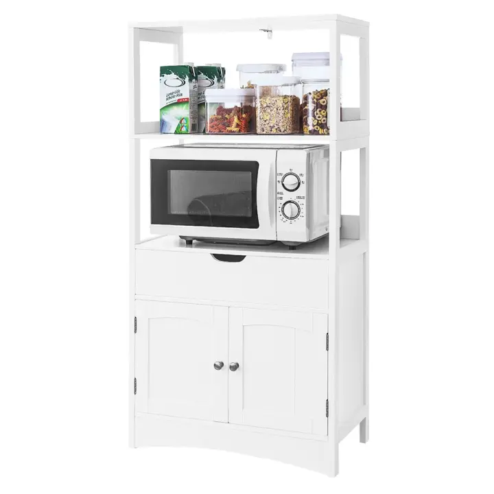 Mueble de baño con cajón y estantería alta, mueble auxiliar versátil con 2 estantes abiertos y armario de doble puerta en color blanco para entrada, cocina y sala de estar - 1