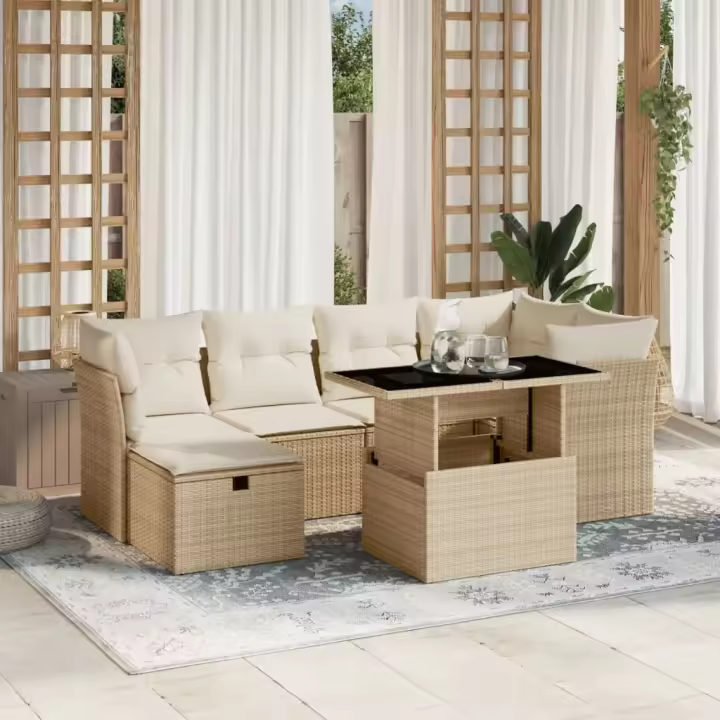 vidaXL Set sofás de jardín 7 piezas y cojines ratán sintético beige - 1