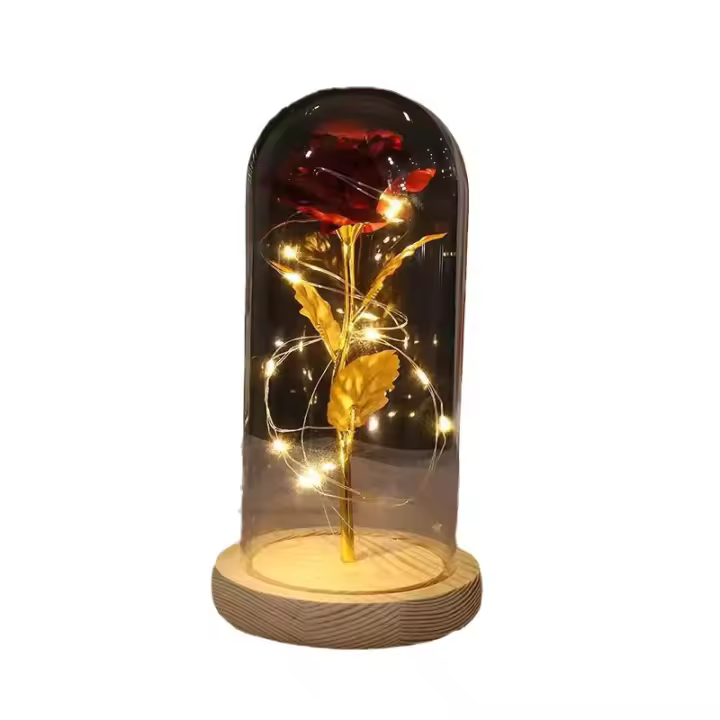 Flor artificial 24K HOJA DE Gold Rose Eterna en Vidrio con Luces decoración para el hogar Regalo Cumpleaños Día madre giftsxwz001 - 1