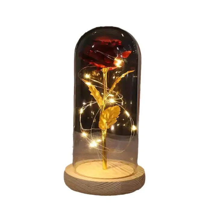 Flor artificial 24K HOJA DE Gold Rose Eterna en Vidrio con Luces decoración para el hogar Regalo Cumpleaños Día madre giftsxwz001 - 1