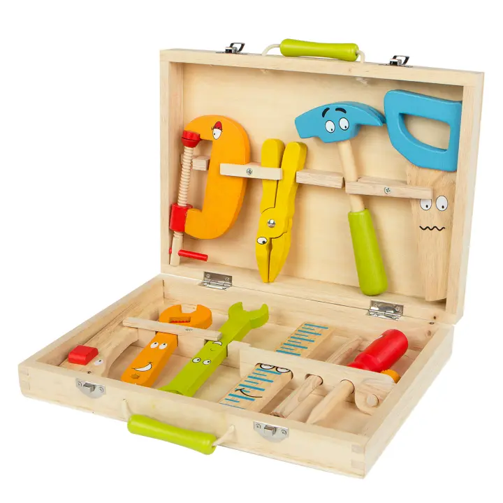 WOOMAX - Maletín herramientas madera juguete, set bricolaje infantil +3 años, caja educativa con 11 piezas, martillo, destornillador, serrucho y alicates, juguetes de imitación, carpintero, juegos de rol - 1