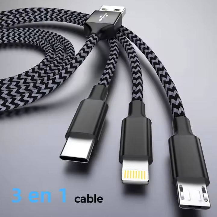 Cable De Carga USB 3 En 1 De 1.2m/4ft Nylon Braided MFi Certified Para iPhone Samsung Huawei Xiaomi Multi Port Multiple - 1