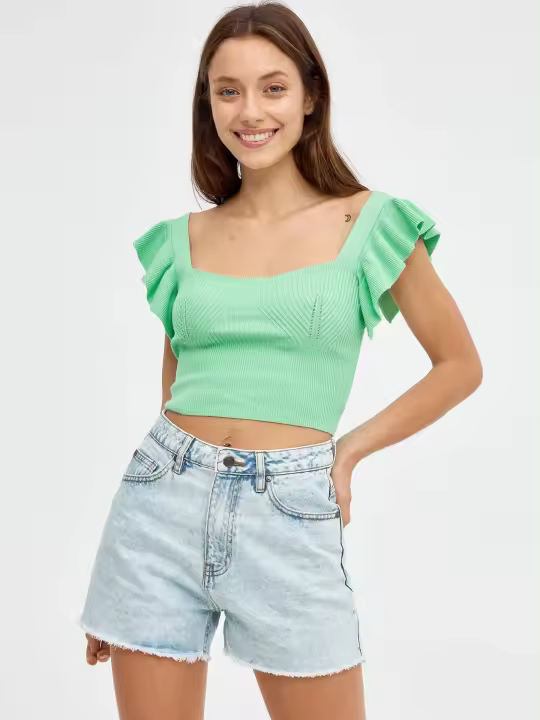 Shorts slim de tiro alto de tejido denim azul claro con bolsillos, bajos desilachados y cierre de cremallera con botón INSIDE - 1