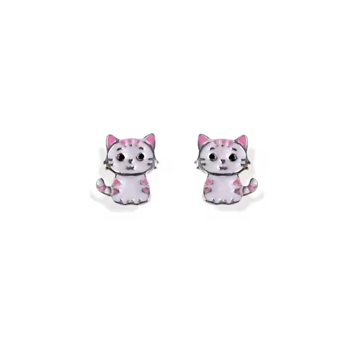 Inmaculada Romero Pendientes Plata Ley 925m Niña 6mm Gato Esmaltado Tornillo Seguro Diseño Adorable - 1