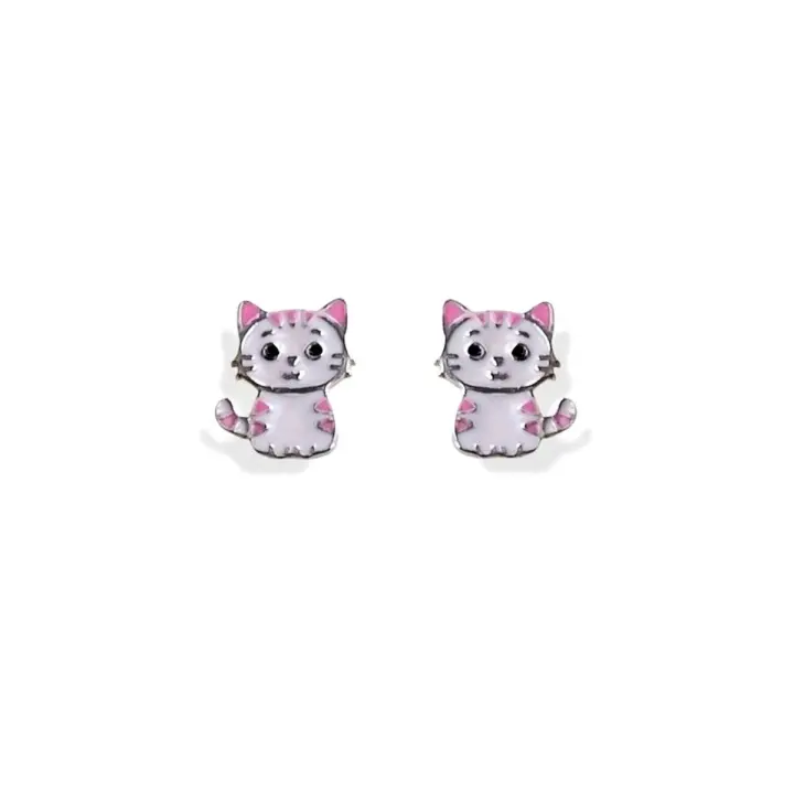 Inmaculada Romero Pendientes Plata Ley 925m Niña 6mm Gato Esmaltado Tornillo Seguro Diseño Adorable - 1