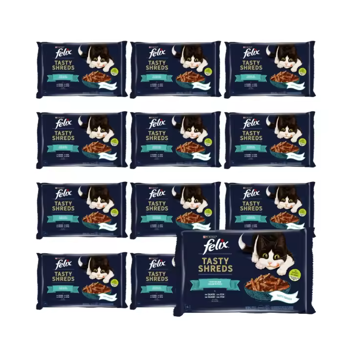 FELIX - Tasty Shreds (48x80 gr) - Comida Húmeda Festín del Mar (Salmón y Atún) (12x4x80 gr) - 1