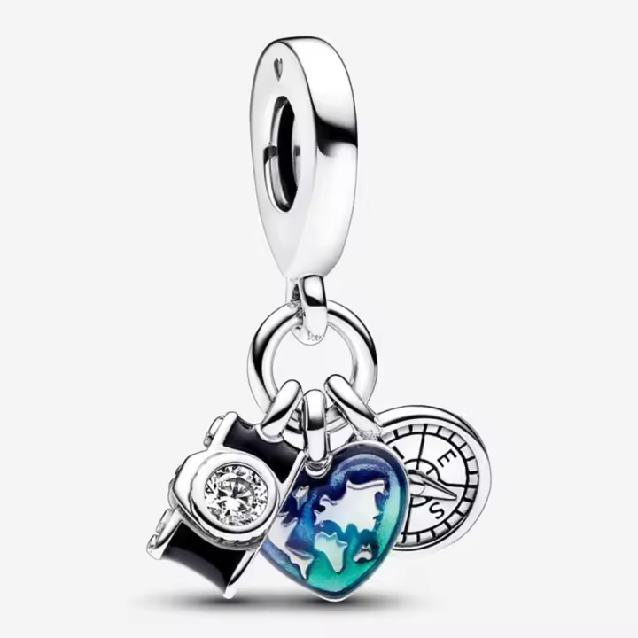 Pandora Charm de Colgante en Plata de Ley Cámara, Corazón y Brújula con Triple Colgante，Incluye Caja Original - 1