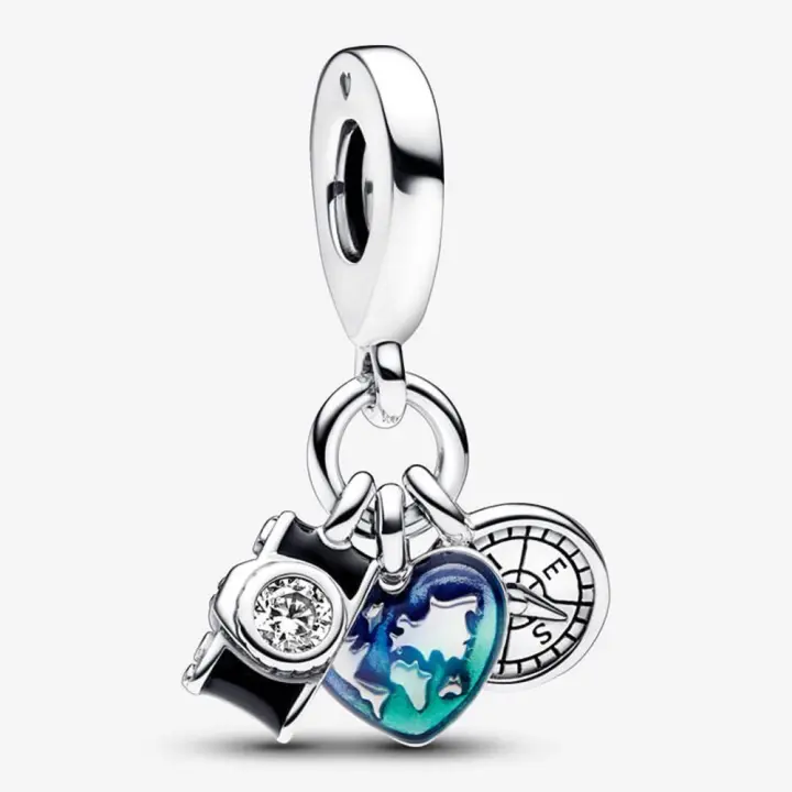 Pandora Charm de Colgante en Plata de Ley Cámara, Corazón y Brújula con Triple Colgante，Incluye Caja Original - 1