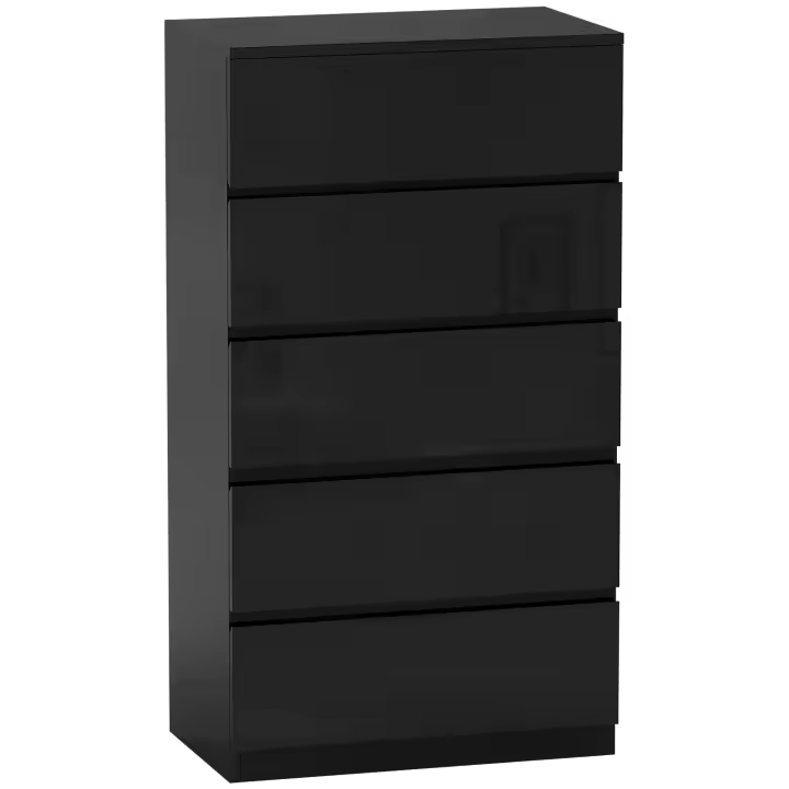 HOMCOM Cómoda con 5 Cajones Cómoda de Dormitorio Moderna con Diseño Anti-vuelco Cajonera para Salón Pasillo 55x34x100 cm Negro Brillo - 1