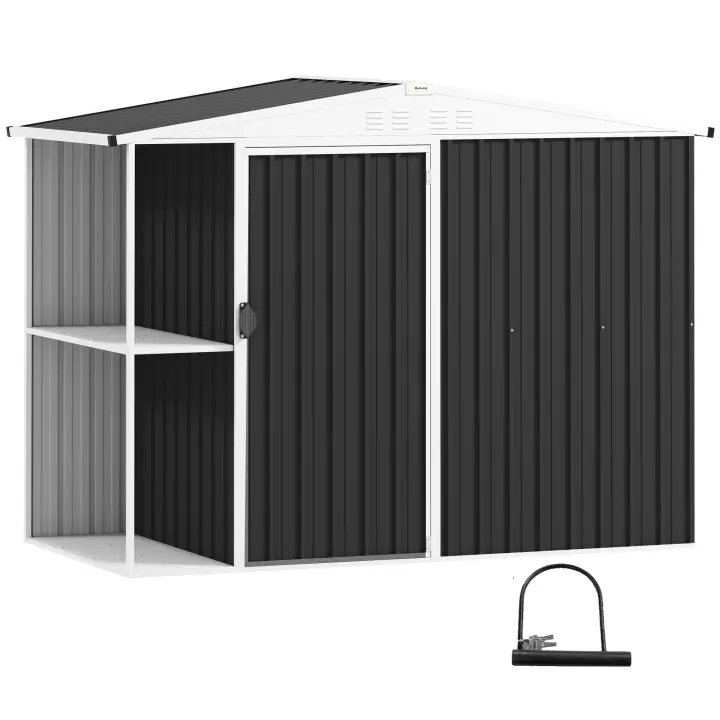 Outsunny Caseta de Jardín Exterior 2,7m² 245x117x180 cm Cobertizo de Jardín Exterior con Estante de 2 Niveles 4 Ventilaciones y Puerta con Cerradura Cobertizo para Terraza Patio Gris Carbón - 1
