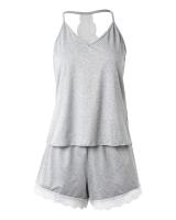 Conjunto De Pijamas De Verano Para Mujer En Encaje Crochet 2 Piezas Top Sin Mangas Y Shorts Estilo Casual V-Neck - details 13