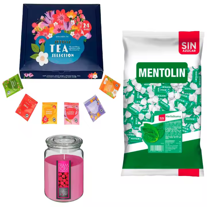 Lote respira: MENTOLIN HIERBABUENA S/A BOLSA 1KG + Vela perfumada de frambuesa + Set de Te con 24 bolsitas con diferentes sabores y aromas - 1