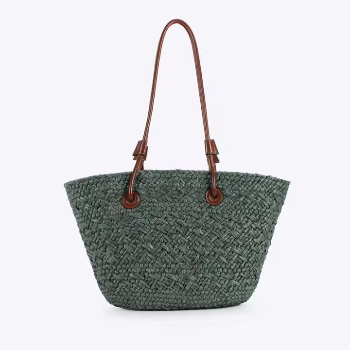 MOV Bolso de papel tejido de color liso, elegante y moderno; bolso de hombro retro de gran capacidad con bloques de color para vacaciones; bolso tote tejido. - 1