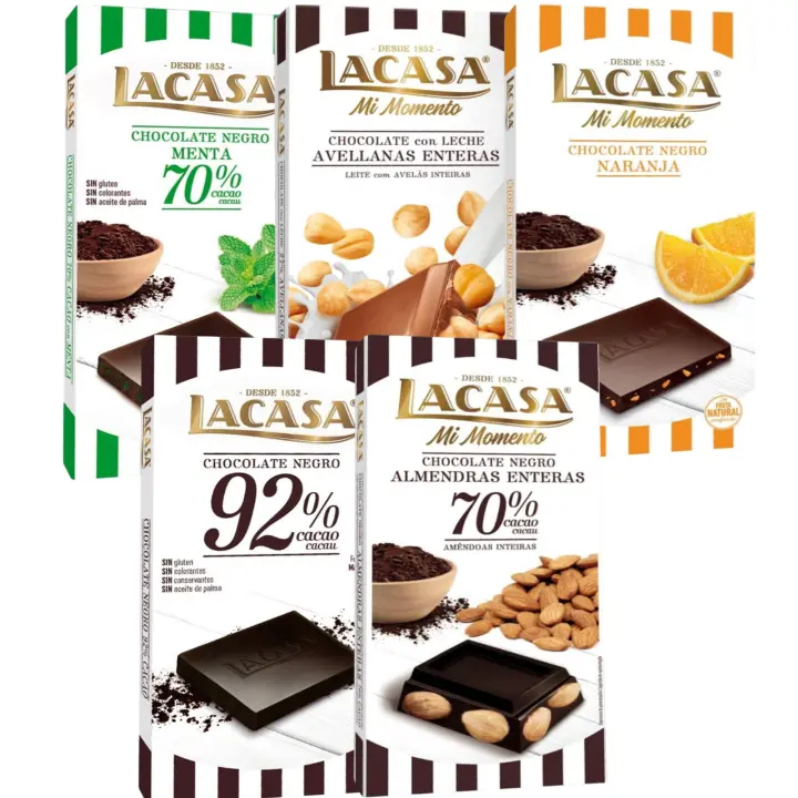 Lacasa pack 5 tabletas de chocolate:leche avellanas , naranja chocolate negro , menta y chocolate ,cacao 92% , almendra 200g - 1