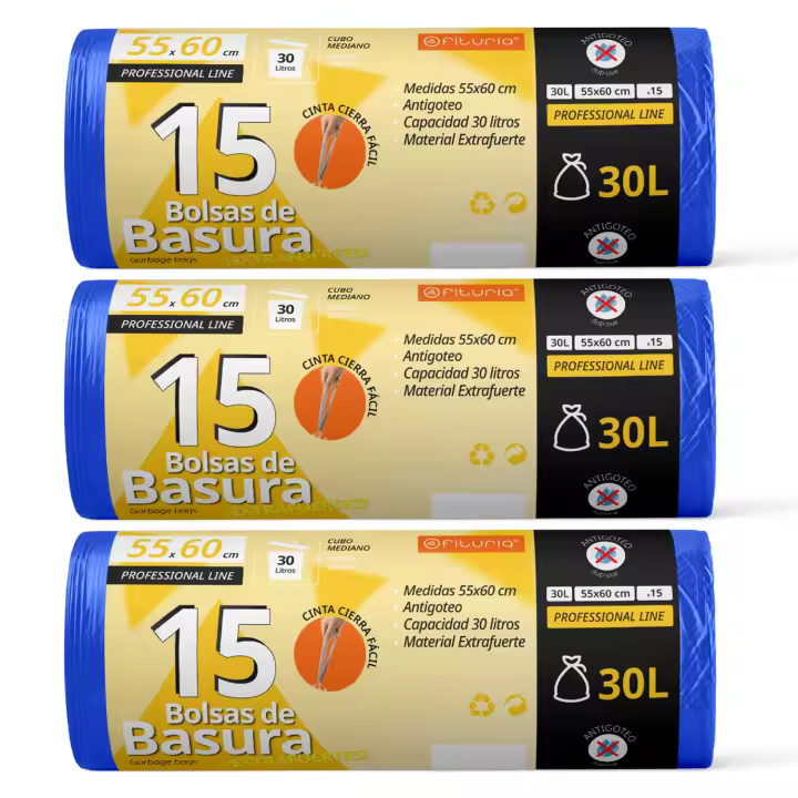 Bolsas Basura, Bolsas Basura 30L, Resistentes, Aptas para Cubos de Basura de 30L, Antigoteo, Bolsas con Autocierre Fácil, Apta para Todo Tipo de Desechos, 55x60 cm - Ofituria (15 bolsas, 30L) - 1
