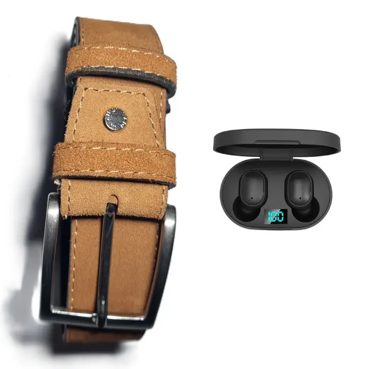 Cinturón de Piel de Ante Marrón para Hombre. REGALO: Auriculares TWS E6S. Elegancia y Calidad Artesanal. Fabricado a mano en España. Presentado en bolsa de tela - Calidad garantizada - Regalo Especial. Lukkalia - Kids and Us / LKKCME1 - 1