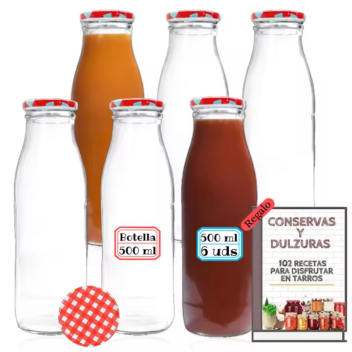 MundoTarros 6 Botellas de Cristal de 500 ml con Tapa de Rosca Hermética + Ebook de 102 Recetas - Botellas para Leche, Zumo, Batidos, Bebidas - Incluye Etiquetas - 1