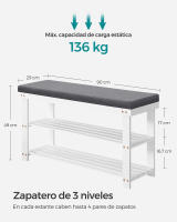 Banco zapatero de bambú blanco de 2 niveles, acolchado gris para sentarse, organizador estable para zapatos, soporta hasta 136 kg, ideal para entrada y sala de estar - details 5