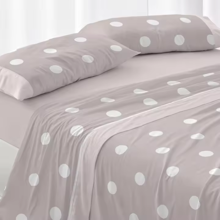 Juego Sábanas Diseño 627. BURRITO BLANCO. Incluye sábana encimera, bajera y 1/2 fundas de almohadas. Estapado de grandes topos .Disponible en color  Menta, gris y arena. 100% Algodón. Tamaños 90, 105, 135, 150-160, 180 y 200cm - 1
