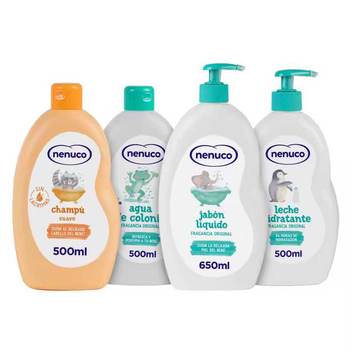 Nenuco Pack Cuidado Completo: Colonia 500 ml + Jabón Líquido 650 ml + Champú Suave 500 ml + Leche Hidratante 500 ml | Dermatológicamente Testado | Aloe Vera y Manteca de Karité - 1