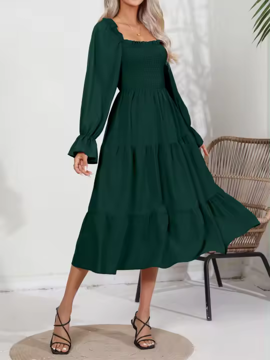 Vestido De Mujer Casual Primavera/Otoño Con Cuello Cuadrado Ruffle Tirantes Manga Larga A-Line Longitud Media Pierna Polyester - 1