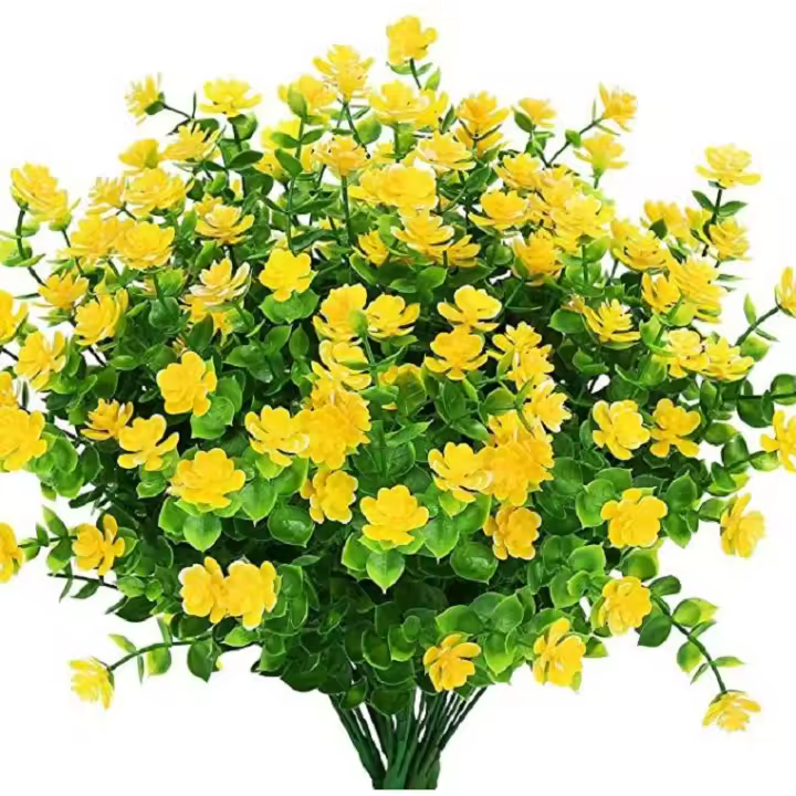 SOMY Ramo artificial al aire libre de plástico falso para interiores y exteriores, maceteros colgantes, decoración del hogar, oficina, boda, granja, 8 piezas, ramo artificial amarillo - 1