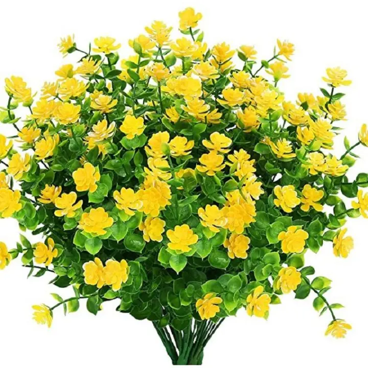 SOMY Ramo artificial al aire libre de plástico falso para interiores y exteriores, maceteros colgantes, decoración del hogar, oficina, boda, granja, 8 piezas, ramo artificial amarillo - 1