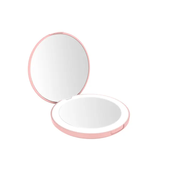 Espejo compacto con luz LED, espejo de maquillaje de viaje, espejos compactos de aumento para bolso, espejo de bolsillo pequeño redondo de 3,5 pulgadas, rosa - 1