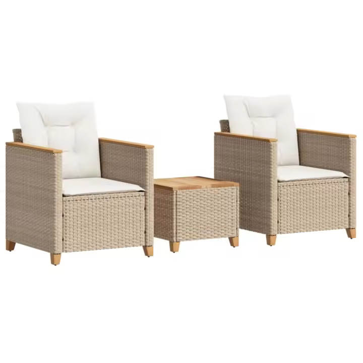 vidaXL Mesita y sillas con cojines 3 pzas ratán PE madera acacia beige - 1