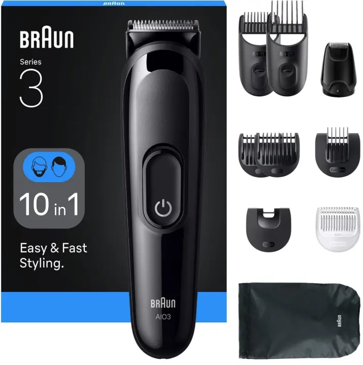 Braun Series 3 MGK3440 recortadora todo en uno, kit 8 En 1 de afeitado diario para hombres, recorte de barba, cortar el pelo, recortadora para nariz y orejas y más, con lámina ultraafilada, resistente al agua, recargable, 80 min de autonomía inalámbrica - 1